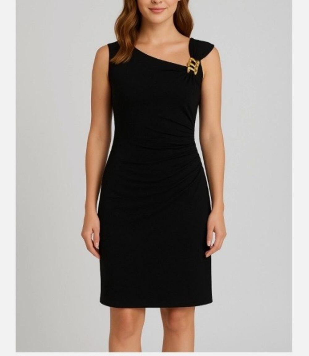 Cache Black Asymmetric Neckline Ruched Bodycon Dress L Gold Snake USA